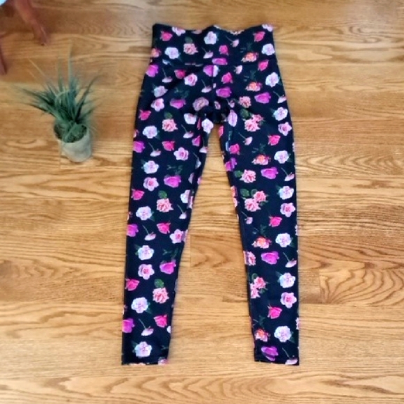 Terez Pants - Terez Black and Pink Floral Leggings Vibrant Design